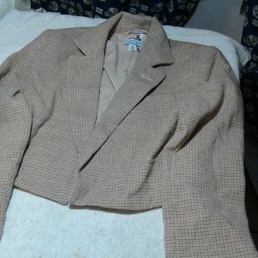 Future Collective Women's Tan Cropped Blazer Jacket Plaid Reese Blutstein XS - Picture 2 of 14